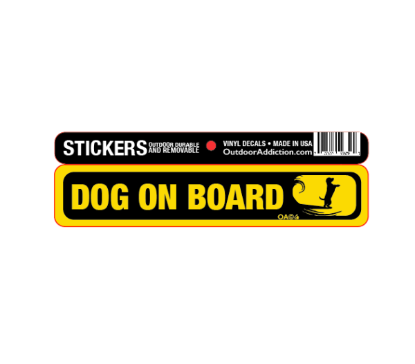 Dog on board - surfing 1 x 5 inches mini bumper sticker Make a statement with these great designs sized perfectly for items like computers, cell phones or bigger items like your car! Dimensions: 1" x 5 inch -Printed vinyl -Outdoor durable and ultra removable -Waterproof